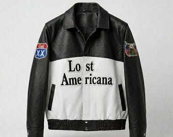 Chaqueta de cuero inspirada en MGK estilo Lost Americana / Abrigo bomber rockero blanco y negro / Chaqueta unisex de cuero auténtico estilo celebridad