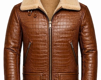 Jaqueta masculina de couro de crocodilo com forro de pele de carneiro, modelo bomber B3, marrom, para o inverno. Jaqueta de couro de luxo para homens.
