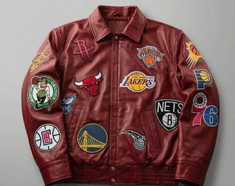 Jaqueta de couro com patch de time de basquete | Jaqueta bomber universitária em couro legítimo bordô | Jaqueta streetwear estilo NBA para fãs