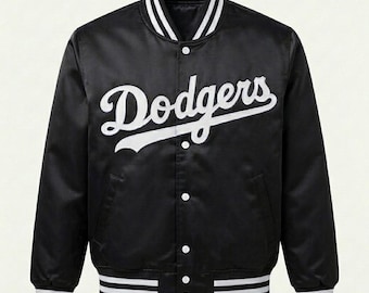 Chaqueta de béisbol de satén negro / Chaqueta bomber inspirada en los LA Dodgers / Abrigo universitario para el día del partido / Ropa urbana personalizada para aficionados