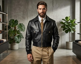 Jaqueta Bomber Masculina de Couro Preta, Jaqueta de Aviador A2, Jaqueta de Couro Clássica Masculina, Jaqueta de Couro Elegante e Casual