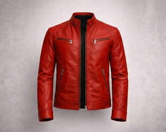 Jaqueta de couro vermelha masculina estilo motociclista, jaqueta de couro vermelha para motociclista, jaqueta de couro masculina estilosa, roupa de rua