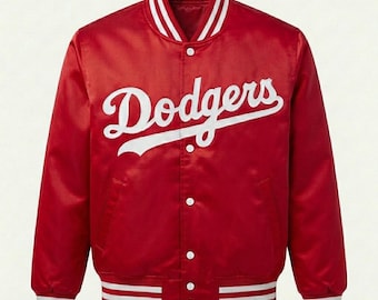Jaqueta vermelha de cetim inspirada no time de beisebol LA Dodgers | Casaco bomber de cetim estilo Dodgers | Jaqueta universitária vermelha para o dia do jogo | Presente para fã