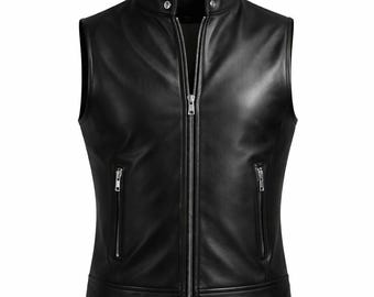 Colete de couro masculino, colete de couro estilo motociclista, colete de couro preto para motociclistas, colete estiloso para agasalho masculino.