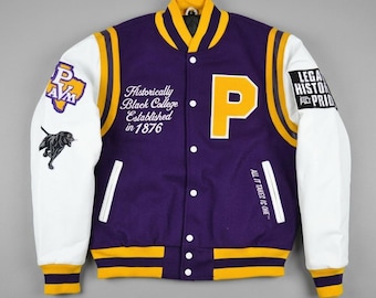 Jaqueta universitária inspirada na Prairie View A&M | Jaqueta universitária roxa e amarela estilo HBCU | Casaco bomber de lã e couro estilo PVAMU