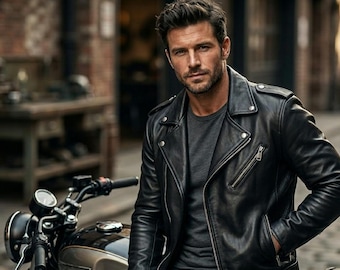 Jaqueta masculina preta de couro legítimo estilo motociclista, jaqueta clássica masculina para motociclistas, agasalho estiloso para o dia a dia.
