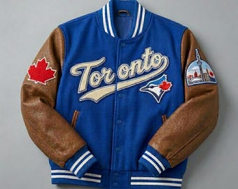 Jaqueta universitária inspirada no Toronto Blue Jays | Casaco estilo colegial de beisebol de Toronto | Jaqueta azul e marrom com mangas de couro para torcedores
