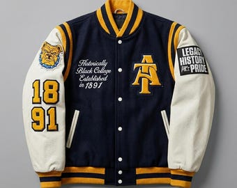 Jaqueta universitária inspirada na North Carolina A&T | Jaqueta universitária azul-marinho e dourada estilo HBCU | Casaco bomber de lã e couro estilo Aggies