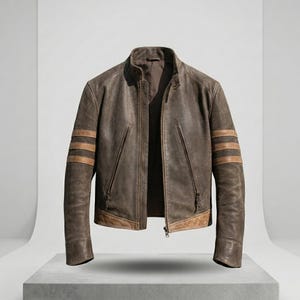 Può includere: Una giacca in pelle marrone invecchiata con colletto alla coreana, chiusura centrale con zip e due tasche diagonali con zip. Le maniche sono caratterizzate da tre strisce orizzontali beige e l'orlo presenta un pannello in pelle beige abbinato.