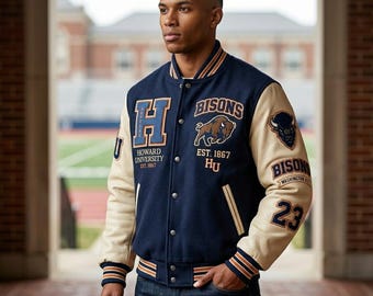 Jaqueta universitária estilo Howard Bison | Casaco colegial de lã e couro azul-marinho inspirado na HU | Jaqueta para baile de boas-vindas de faculdades historicamente negras