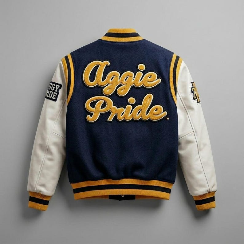 May include: A navy blue varsity jacket with white sleeves, featuring the yellow embroidered text Aggie Pride on the back. The jacket includes yellow and black striped ribbed cuffs, collar, and hem, with additional patches on the sleeves.