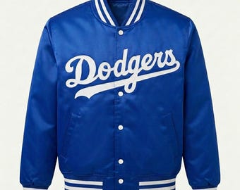 Jaqueta azul de cetim inspirada no time de beisebol LA Dodgers | Casaco bomber de cetim estilo Dodgers | Jaqueta universitária azul royal para o dia do jogo | Presente para fãs