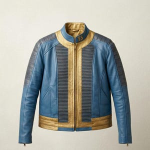 Lucy Vault 33 Jacket | Blue Gold Leather Cosplay Costume | Fallout Gamer Outfit