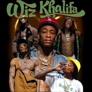 May include: A graphic featuring Wiz Khalifa in multiple poses, with the name "Wiz Khalifa" in green script at the top. The image has a vintage aesthetic, with a black background and gold accents.