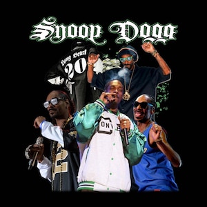 May include: A graphic featuring multiple images of Snoop Dogg on a black background. The text "Snoop Dogg" is displayed in a stylized font at the top. Snoop Dogg is wearing various outfits, including a jacket with "Long Beach 20" on the back.