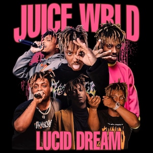 May include: A graphic design featuring multiple images of a person with dreadlocks, set against a black background. The words "JUICE WRLD" and "LUCID DREAM" are in pink, stylized text.