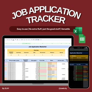 Puede incluir: Un rastreador digital de solicitudes de empleo que se muestra en una computadora portátil y un teléfono inteligente. La computadora portátil muestra una hoja de cálculo con datos de solicitud de empleo, y el teléfono muestra una interfaz similar. El texto de la imagen dice "JOB APPLICATION TRACKER" y "Easy to use | No extra fluff, just the good stuff | Versatile."