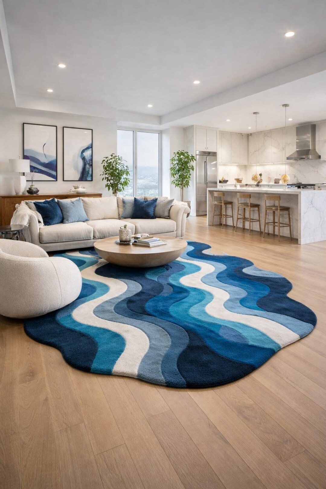 Abstract Blue Wave Rug, Hand Tufted Wool Rug, Modern Ocean Inspired ...