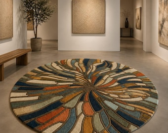 Modern Round Abstract Rug, Hand Tufted Area Rug, Contemporary Wool Carpet