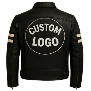 May include: Black leather jacket with a classic collar, zipper sleeves, and a white embroidered "CUSTOM LOGO" design on the back. Features two cream-colored stripes on the sleeves. A stylish outerwear piece.