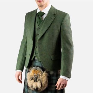Handmade Green Wool Argyll Kilt Jacket with Vest for Men, Scottish Highland Wear
