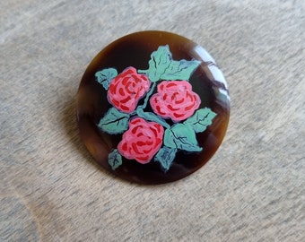 Ravissante Broche Années 1940s en Polymère Peint à La Main, Roses,  Stock Français