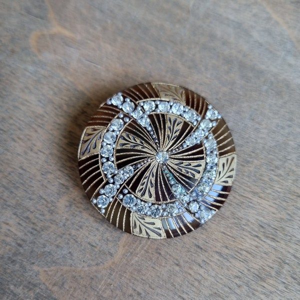 Magnifique Broche Années 1930s 1940s en Polymère Façon Écaille, Gravé, qpeint et Incrusté de Strass, Art Déco, Stock Français