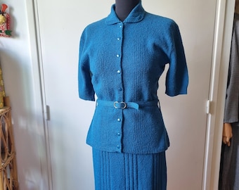 RARE - Magnifique Ensemble Bleu en Tricot 100% Laine, Années 1940, Américain - Taille S à M