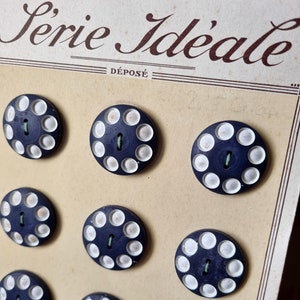 Mercerie Ancienne - Magnifiques Boutons Années 1940s en Bois Peint, Bleu Marine et Crème, Sur Carte d'origine, Stock Français