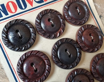 Mercerie Ancienne - Superbes Grands Boutons Années 1940s en Bois Plasticobuis, Marron, Stock Français