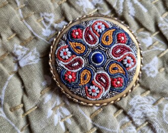 Sublime Broche Perlée Années 1940s, Couleurs  Chaudes, Cerclage Laiton, Vintage Français