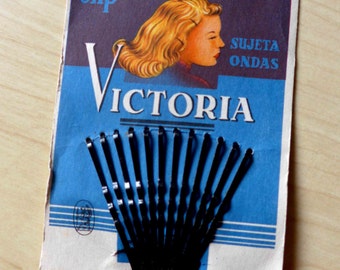 Stock Ancien Vintage Années 1940's - 1950's, Pinces à Cheveux Plates en Métal sur Carte d'Origine - NOS Bobby Pins - Pin Up Rockabilly Style