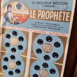 Mercerie Ancienne - Boutons Pression "Le Prophète" en Métal Noir Circa 1940s, sur Carte d'origine, Stock Français