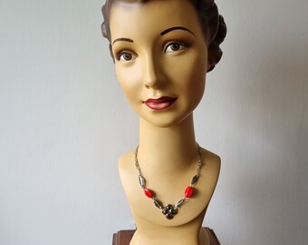 Collier Ethnique Vintage Perles Pâte De Verre Rouge - Fermoir Monnaie Georges VI 1940
