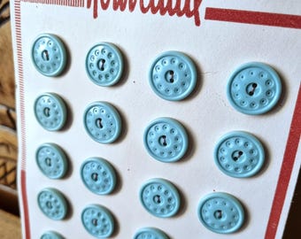 Mercerie Ancienne - Ravissants Boutons Années 1940s en Polymère Bleu Turquoise ou Céladon, sur Carte d'origine, Stock Français