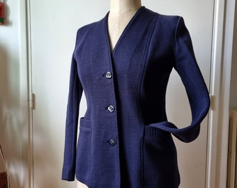 RARISSIME Veste Jersey de Laine Française des Années 1940, Bleu Marine, Taille 40