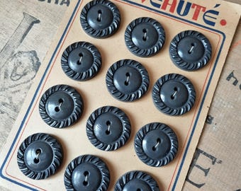 Mercerie Ancienne - Beaux Boutons Années 1940s en Bois Peint, Plasticobuis Gris Foncé, Stock Français