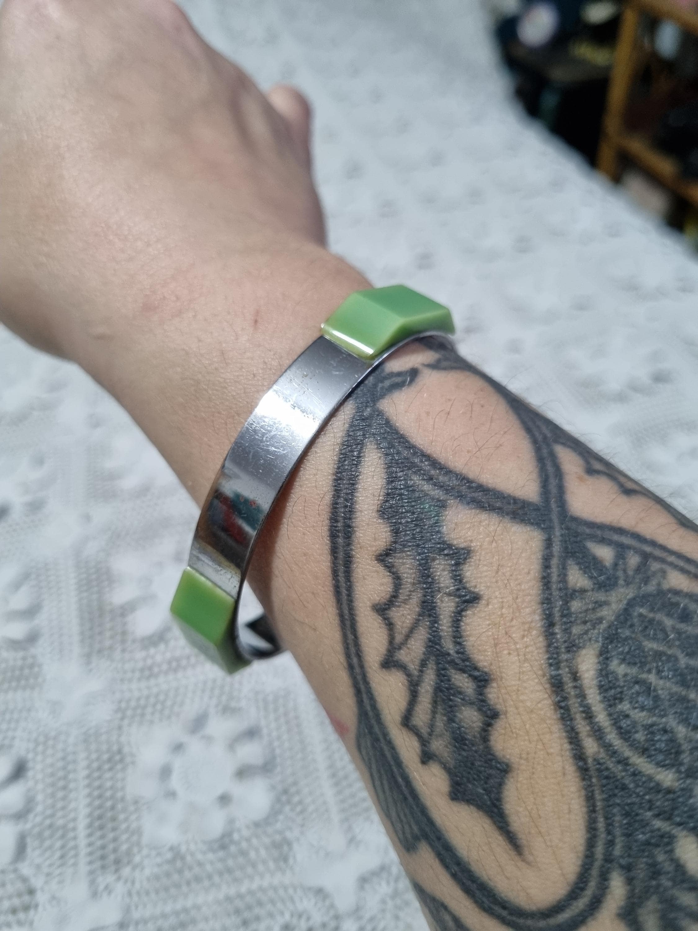 Bracelet Art Déco En Bakélite Vert Flammé - Vintage - Occasion