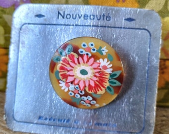 Superbe Broche Années 1940s en Polymère Façon Écaille, Peint à la Main, Fleurs aux Tons Chauds, Stock Français