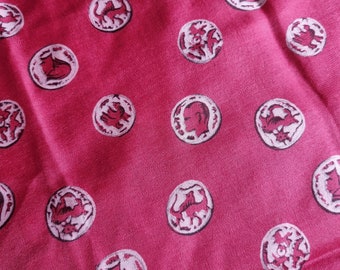 Superbe Foulard Années 1940s en Soie, Rouge Sombre, Motifs Ronds Gris Mauve et Noir, Français