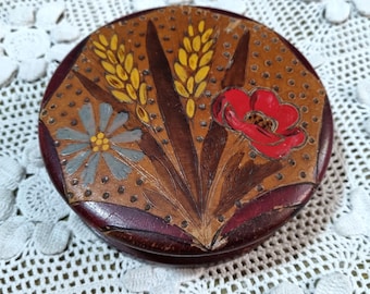 Ravissante Boîte Ancienne en Bois Sculpté et Peint, Années 1940s, Bouquet Libération, Bleuet, Coquelicot, Épis de Blé