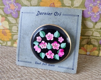 Magnifique Broche Années 1940s en Polymère façon Bois,  Peinte à la Main, Stock Français, Fleurs Roses