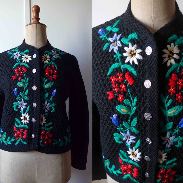 FABULEUX Cardigan Vintage Années 1980s Does 1940s, Style Folk Autrichien, Fleurs Brodées, Taille L-XL