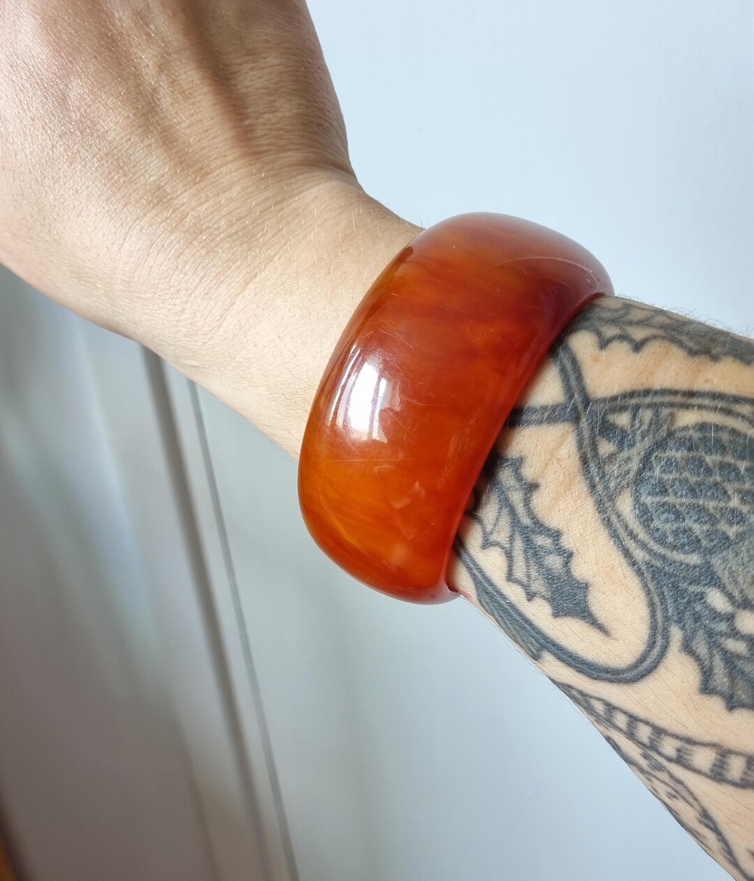 Bracelet Vintage Large En Bakélite Fauve Marbrée - Occasion, Bon état D'usage