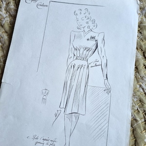 Exceptionnel et Unique, Dessin de Mode des Années 1940s, Robe à Plis, Vintage Français