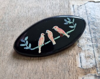Ravissante Broche Années 1940s en Polymère Noir Peint à La Main, Oiseaux sur une Branche, Stock Français