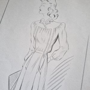 Exceptionnel et Unique ! Dessin de Mode Années 1940s, Crayon et Encre sur Papier Dessin, Vintage Français