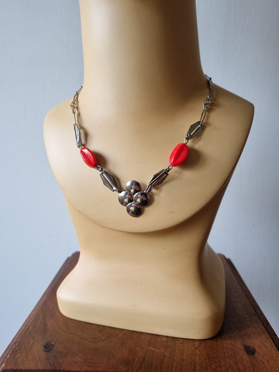 Ancien Collier Chapelet Art Déco En Métal Argenté – Style Art Nouveau, CH12