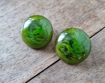 Superbes Boucles D'oreilles à Clips Circa Années 1940s, Bakélite Marbrée Vert, Vintage Français