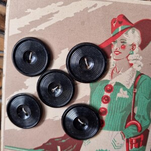 Mercerie Ancienne - Jolis Boutons Années 1940s en Polymère Noir sur Carte d'origine, Stock Français